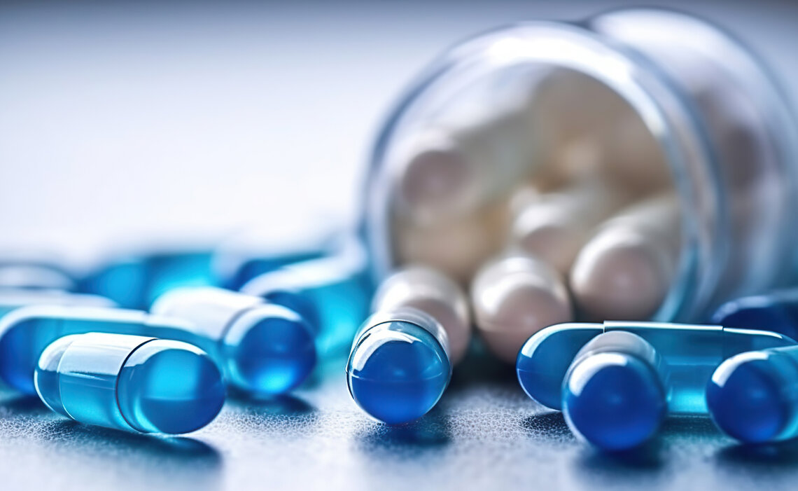Pharma: Blue pills lie on a white background
