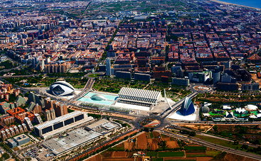 Spain: Aerial view of Valencia, with the Ciudad de las Artes y de las Ciencias in the centre