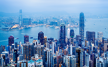 Hong Kong: Aerial view of Hong Kong's city centre with many skyscrapers in the background the Pearl River, which flows into the South China Sea