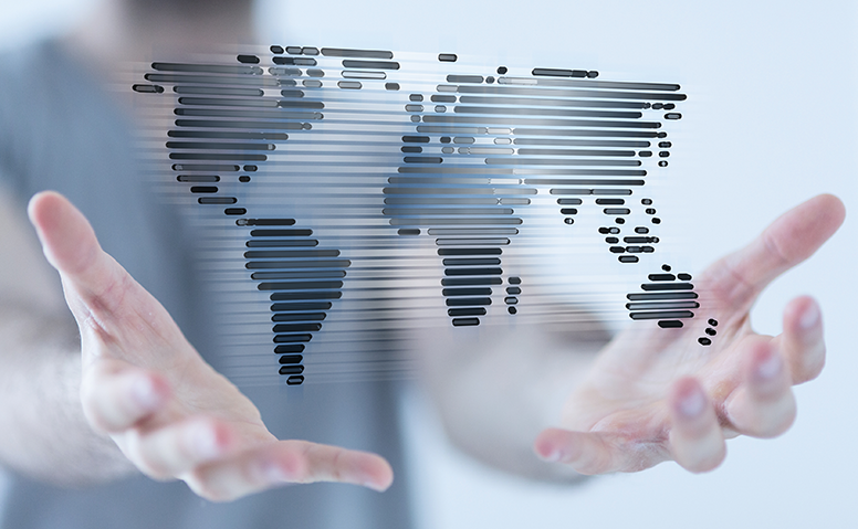 Stylised world map seen over two hands